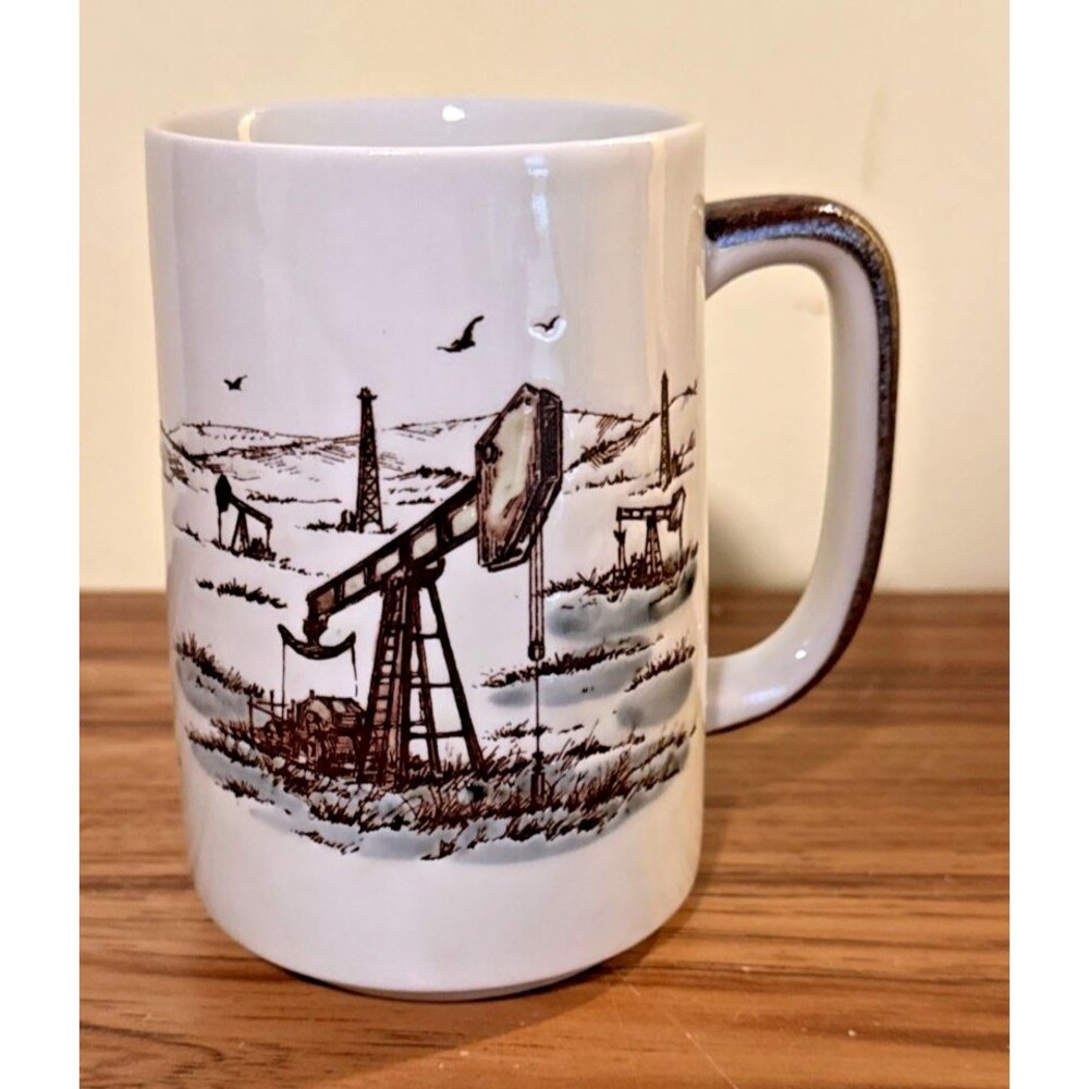 Vintage Otagiri Japan Stoneware Coffee Mug Oil Well/Pumpjack Landscape Brown